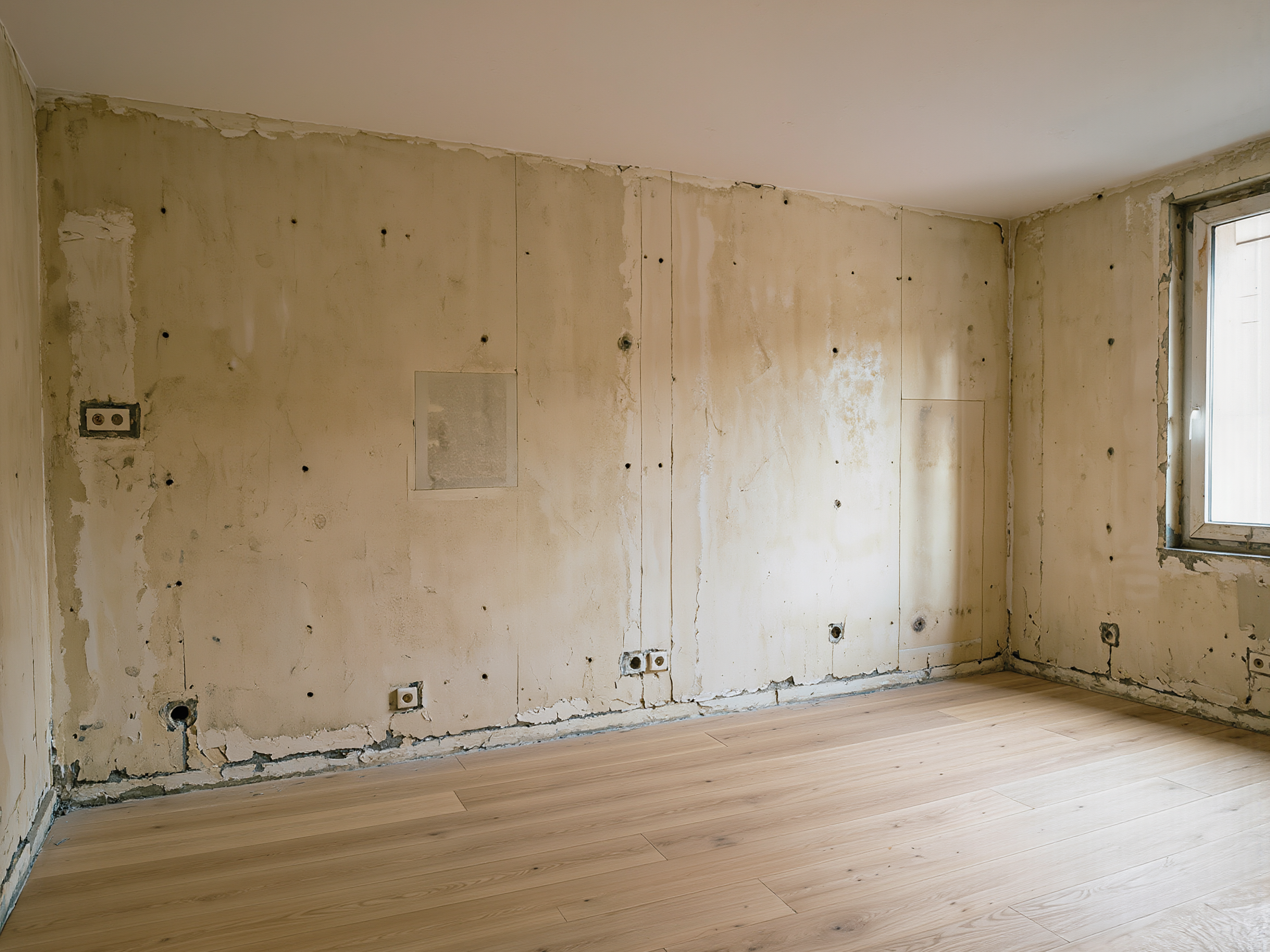 Wohnraum in Baar vor den Malerarbeiten: fleckige Wände mit ausgebesserten Stellen