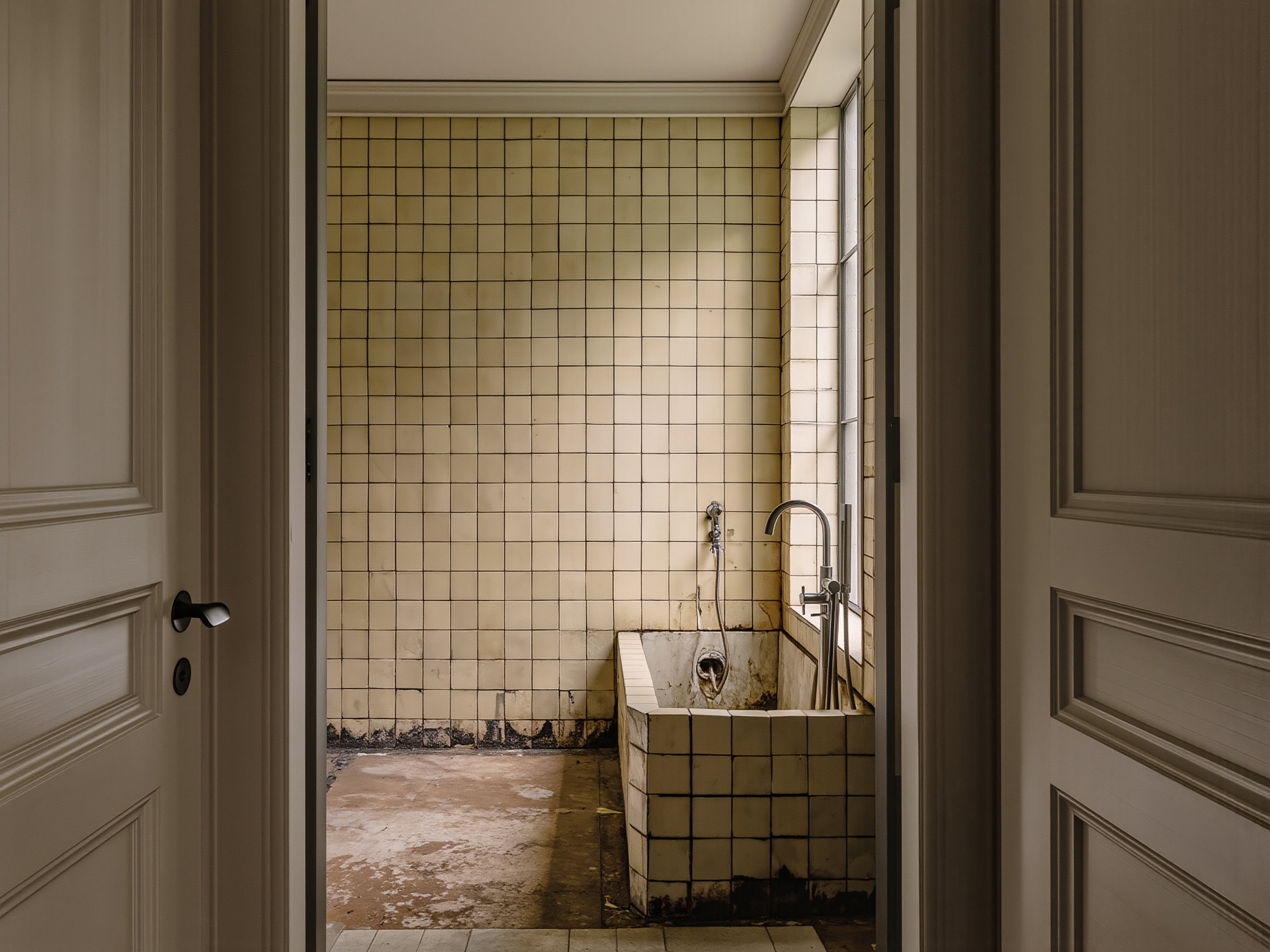 Badezimmer in Steinhausen vor der Sanierung: vergilbte Wandplatten und eingebaute Badewanne